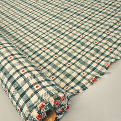 Rustic Woven Cotton - Cream and Green Gingham with Red Hearts