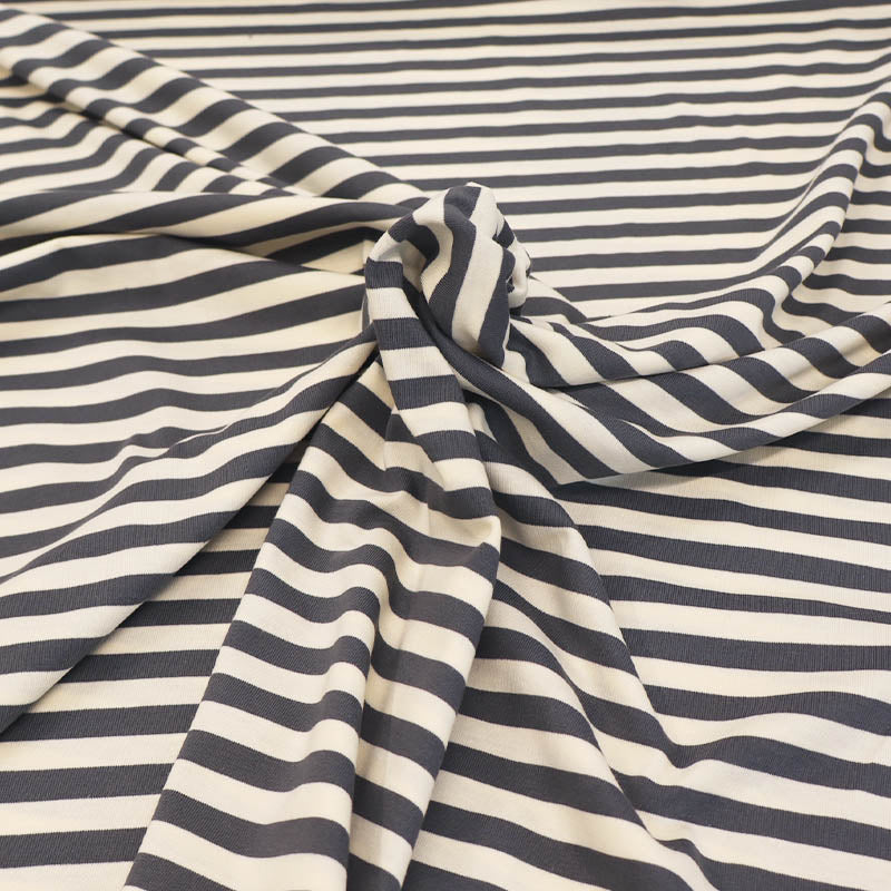95% Cotton 5% Elastane Deadstock Jersey Fabric - Dark Grey and White Stripe