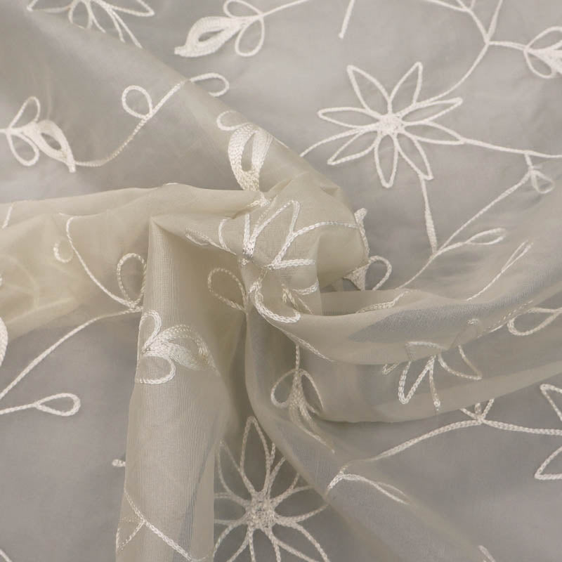 100% Silk Deadstock Fabric - Cream Floral Sheer Silk Organza