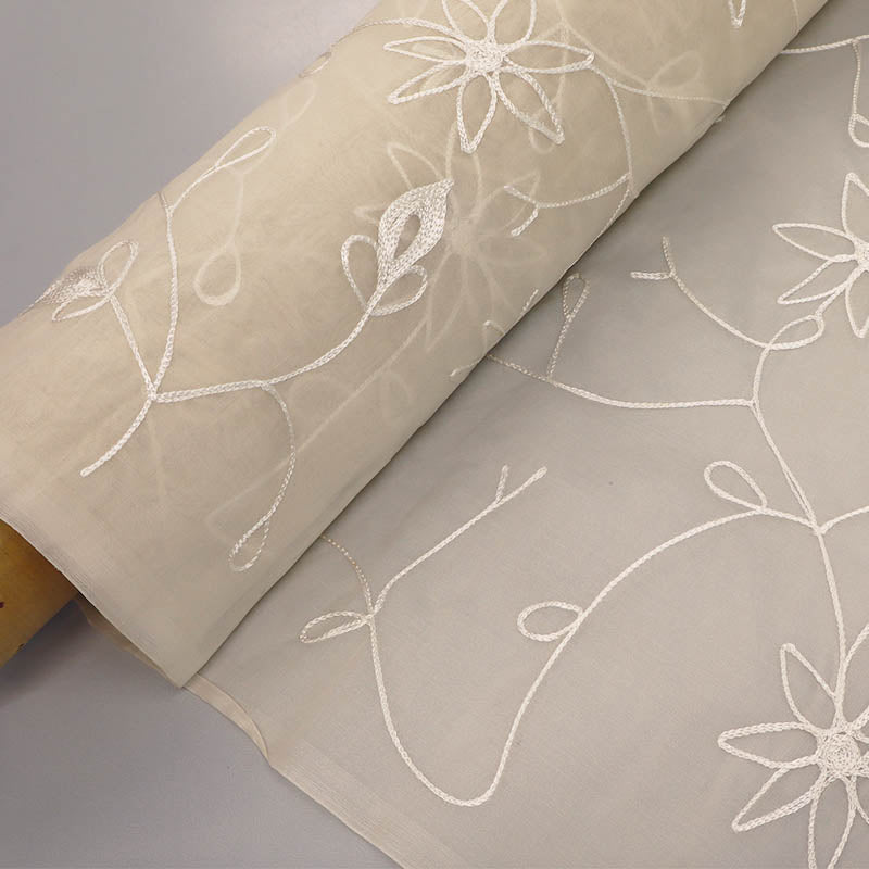 100% Silk Deadstock Fabric - Cream Floral Sheer Silk Organza