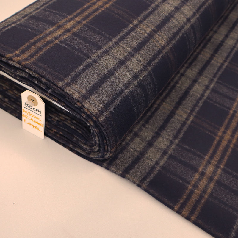 80% Wool 20% Cashmere Wool Cashmere Blend Fabric - Navy, Grey and Brown Check
