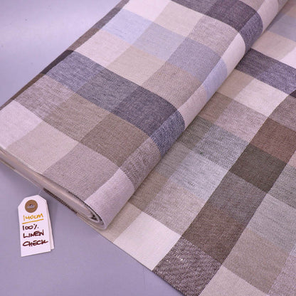100% Linen Check Linen Dressmaking Fabric featuring a neutral check in beige, brown and grey