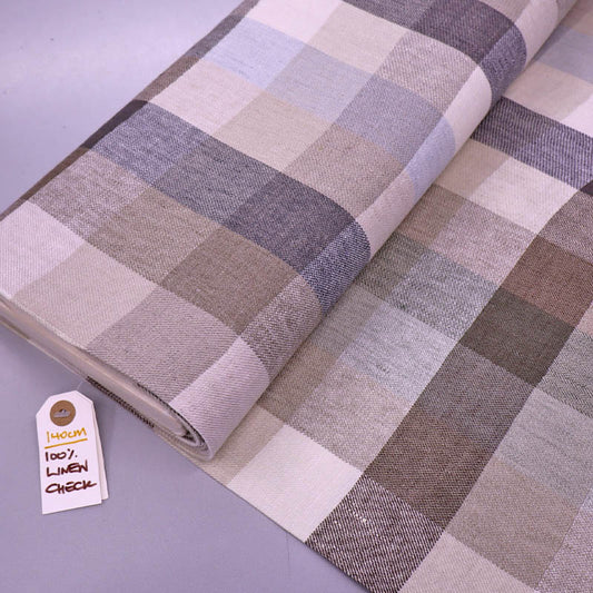 100% Linen Check Linen Dressmaking Fabric featuring a neutral check in beige, brown and grey