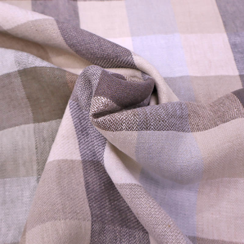 100% Linen Check Linen Dressmaking Fabric featuring a neutral check in beige, brown and grey