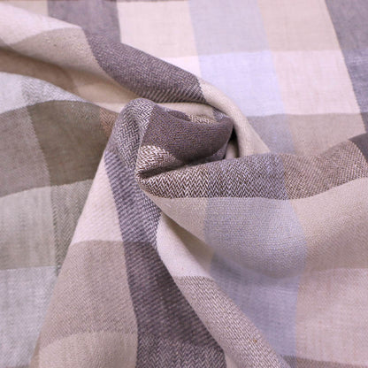 100% Linen Check Linen Dressmaking Fabric featuring a neutral check in beige, brown and grey