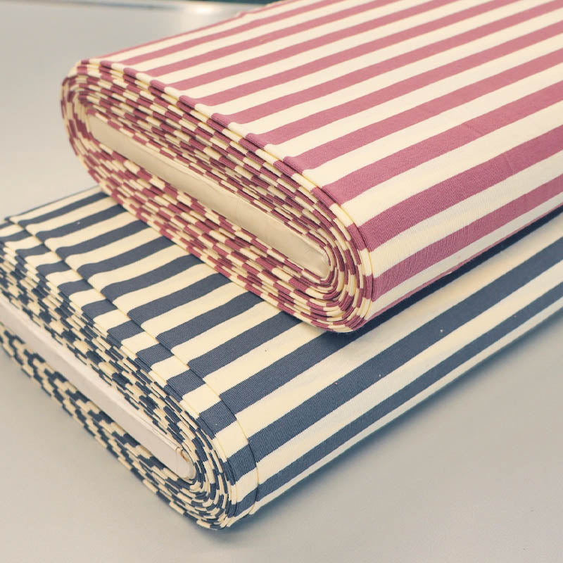 95% Cotton 5% Elastane Deadstock Jersey Fabrics in  Dark Grey and White Stripe and Purple and White stripe