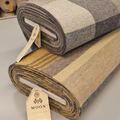 100% Wool Fabrics  - Grey, Beige and Brown Check and brown grey and mustard stripes