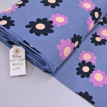 100% Cotton Floral Needlecord Fabric - Blue and Lilac Daisy