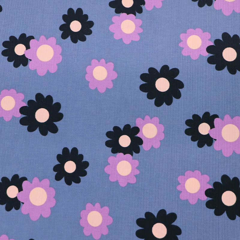 100% Cotton Floral Needlecord Fabric - Blue and Lilac Daisy