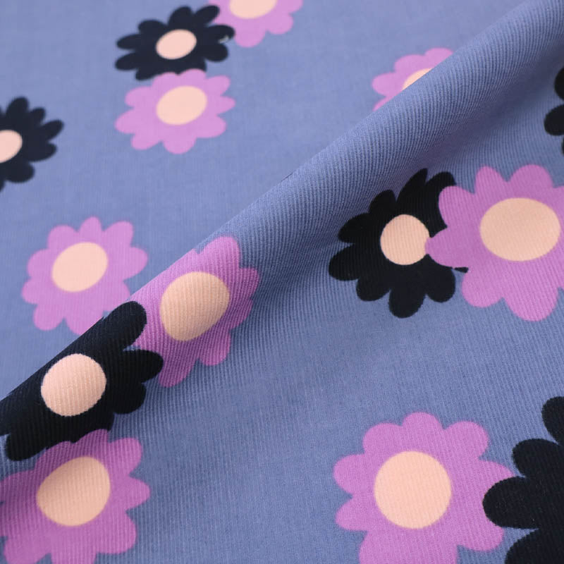 100% Cotton Floral Needlecord Fabric - Blue and Lilac Daisy
