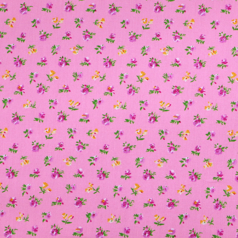 100% Cotton Ditsy Floral Pink Poplin Fabric - pink and yellow flowers on sugar pink background