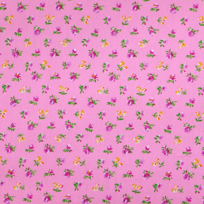 100% Cotton Ditsy Floral Pink Poplin Fabric - pink and yellow flowers on sugar pink background