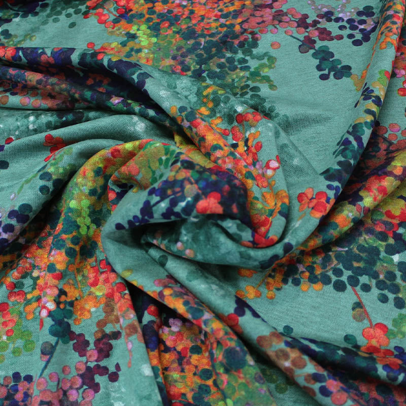 55% Polyester 45% Viscose  Green Floral Double Knit Jersey Fabric 
