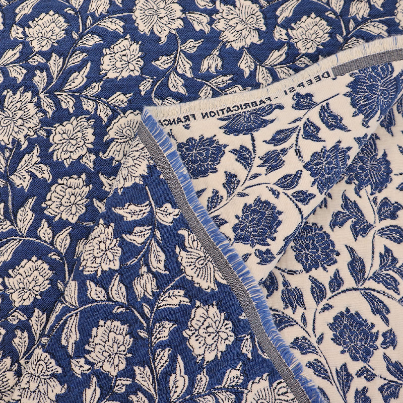 71% Cotton 29% Polyester Double sided Jacquard Dressmaking Fabric - Blue Floral