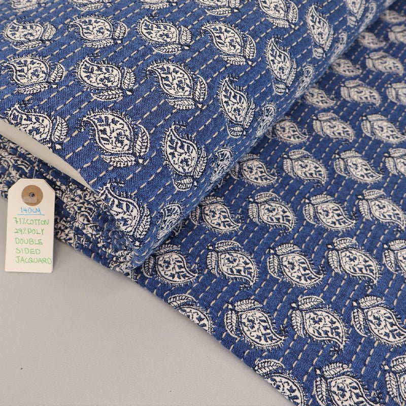 71% Cotton 29% Polyester Jacquard Fabric - Blue & Cream Paisley