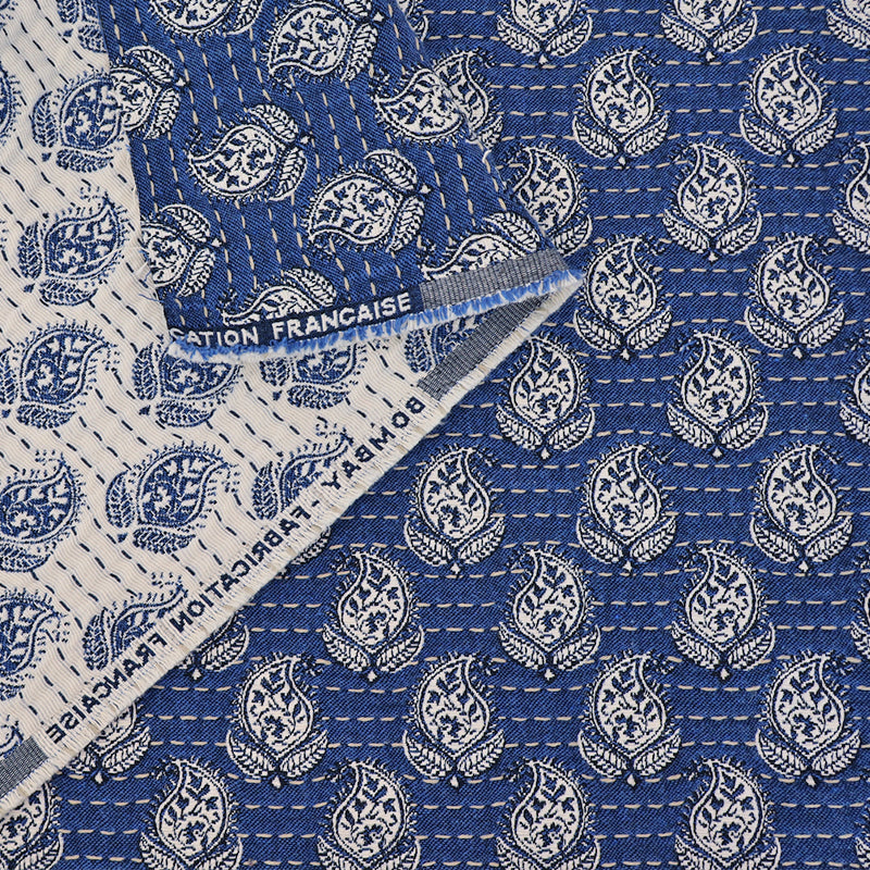 71% Cotton 29% Polyester Jacquard Fabric - Blue & Cream Paisley