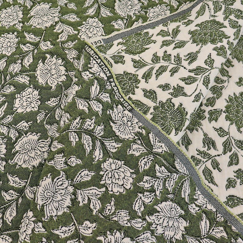 71% Cotton 29% Polyester Jacquard Dressmaking Fabric - Green  and Cream Floral