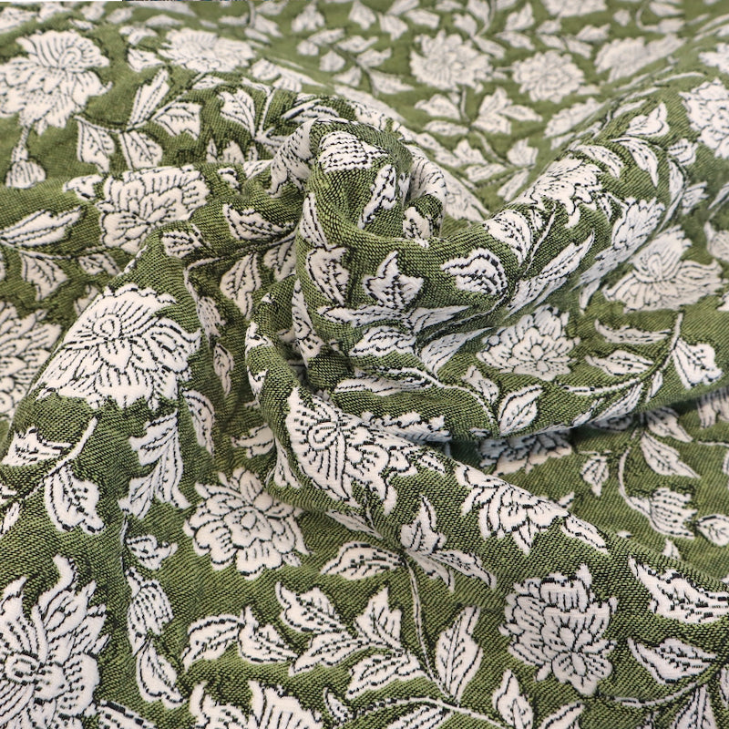 71% Cotton 29% Polyester Jacquard Dressmaking Fabric - Green  and Cream Floral