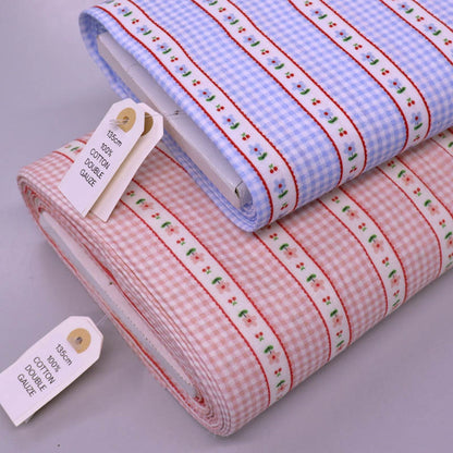 Pink and Blue gingham floral double gauze fabrics