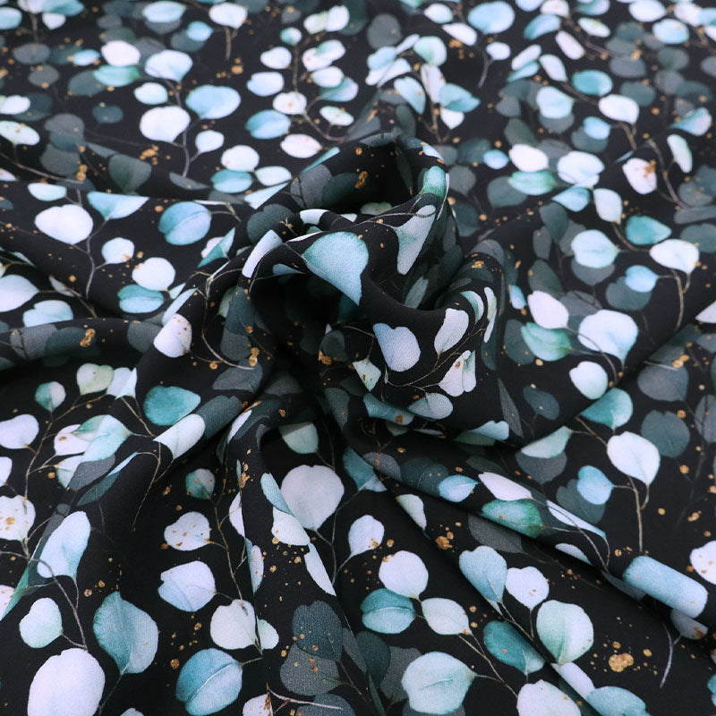 100% Viscose  Black Eucalyptus Print Viscose Fabric