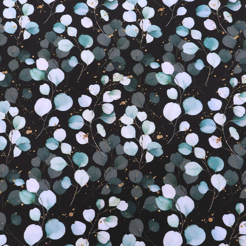 100% Viscose  Black Eucalyptus Print Viscose Fabric