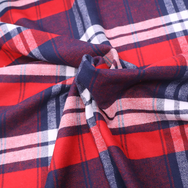 100% Cotton Red Brushed Cotton Check Fabric - red, navy and white check