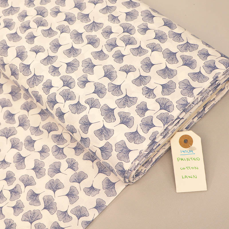 100% Cotton WHITE Cotton Lawn Fabric - Ginkgo Print in Navy 