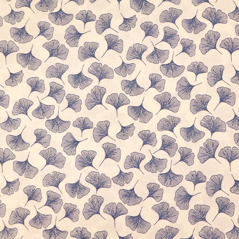 100% Cotton WHITE Cotton Lawn Fabric - Ginkgo Print in Navy 