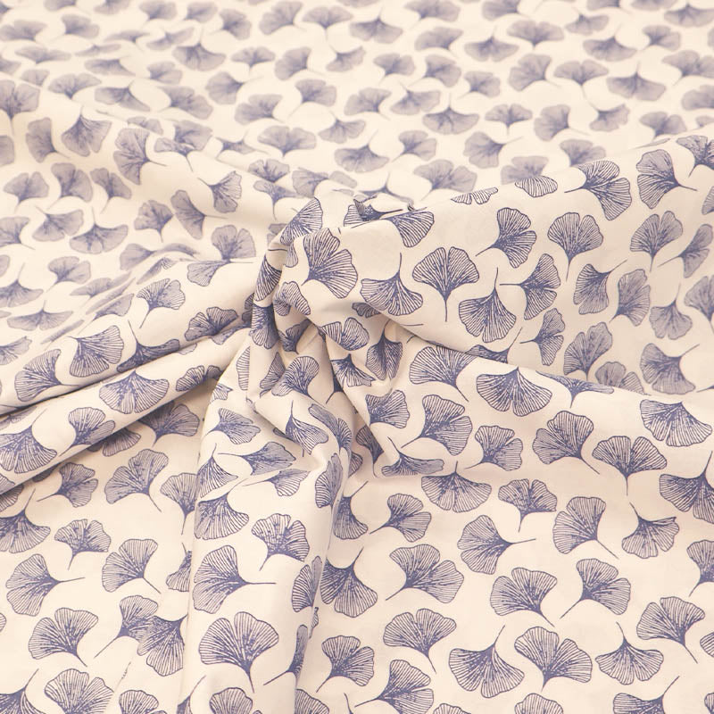 100% Cotton WHITE Cotton Lawn Fabric - Ginkgo Print in Navy 