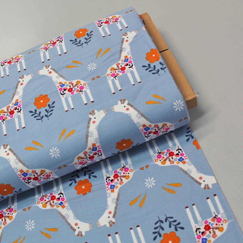 100% Cotton   Children's Blue Corduroy Fabric - Giraffes