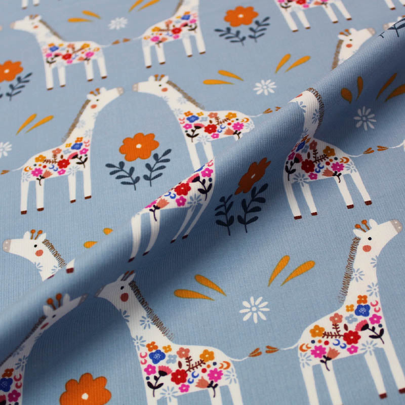 100% Cotton   Children's Blue Corduroy Fabric - Giraffes