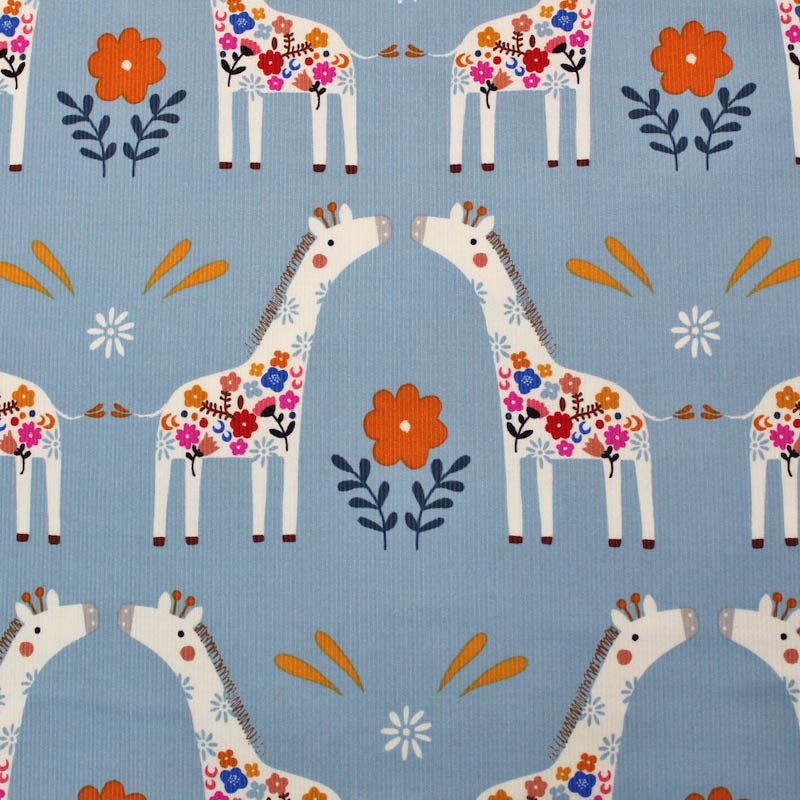 100% Cotton   Children's Blue Corduroy Fabric - Giraffes