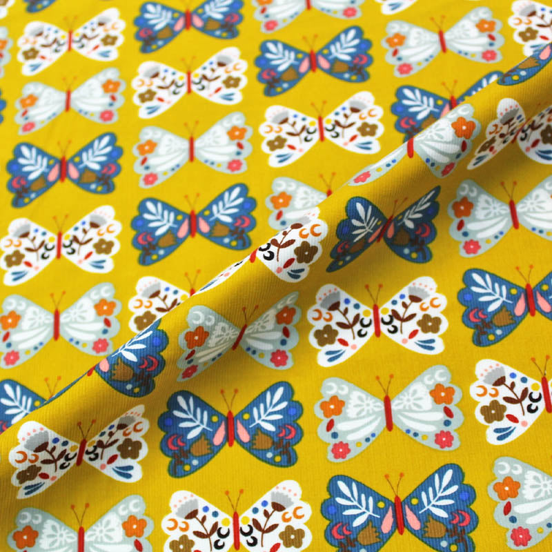 100% Cotton   Yellow Corduroy Fabric - Butterflies