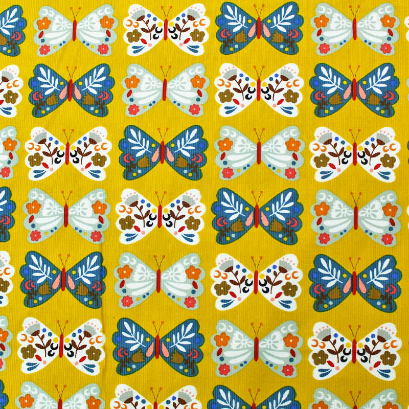 100% Cotton   Yellow Corduroy Fabric - Butterflies