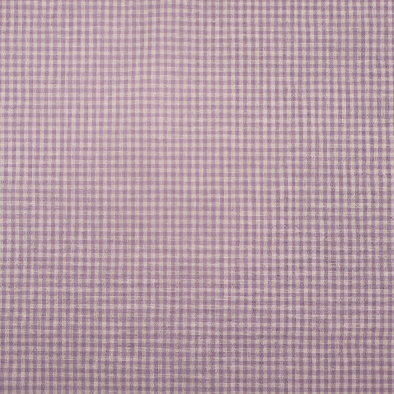 100% Cotton Mini Gingham Dressmaking Fabric featuring a small lilac and white check.