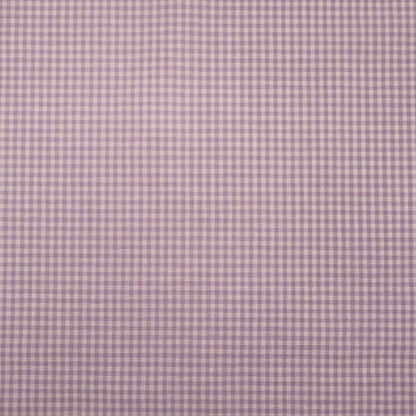 100% Cotton Mini Gingham Dressmaking Fabric featuring a small lilac and white check.