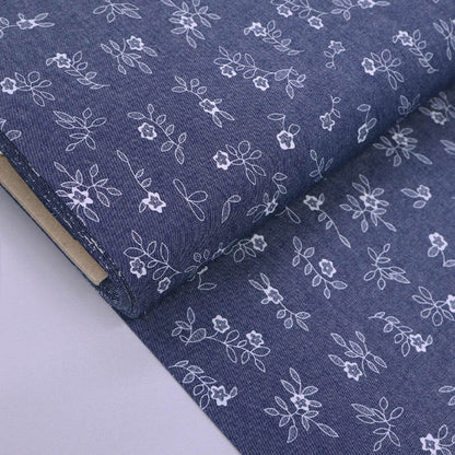 Blue and White Floral  100% Cotton Chambray Fabric