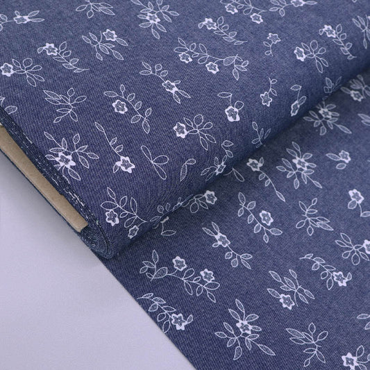 Blue and White Floral  100% Cotton Chambray Fabric