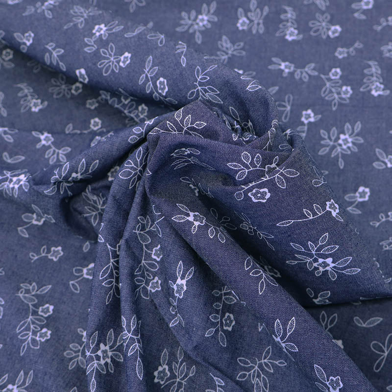 Blue and White Floral Cotton Chambray Fabric