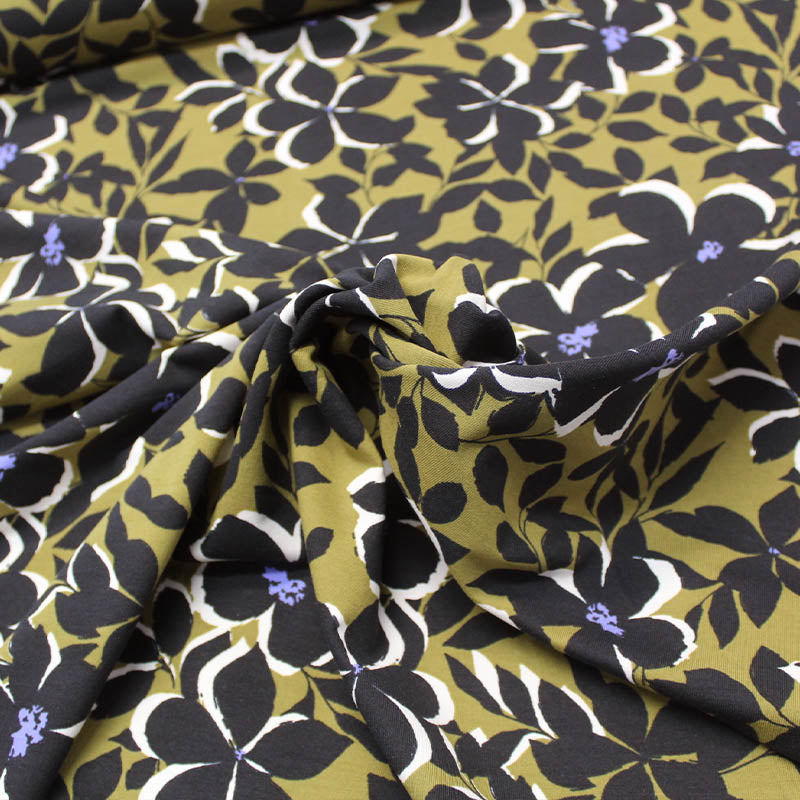95% Cotton 5% Elastane   Dark Yellow Floral Cotton Jersey Fabric 