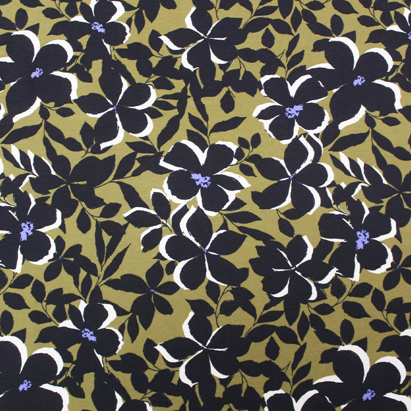 95% Cotton 5% Elastane   Dark Yellow Floral Cotton Jersey Fabric 