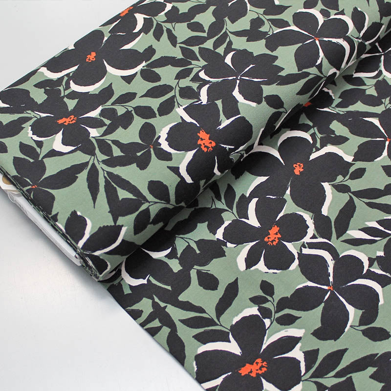 95% Cotton 5% Elastane  Green and Black Floral Cotton Jersey Fabric 