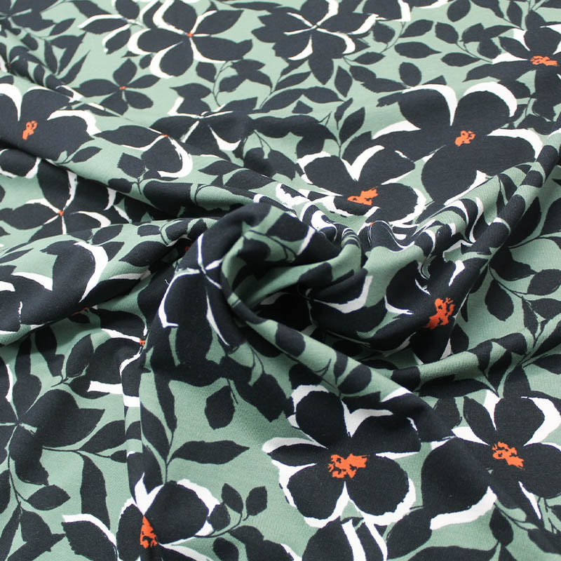95% Cotton 5% Elastane Green and Black Floral Cotton Jersey Fabric