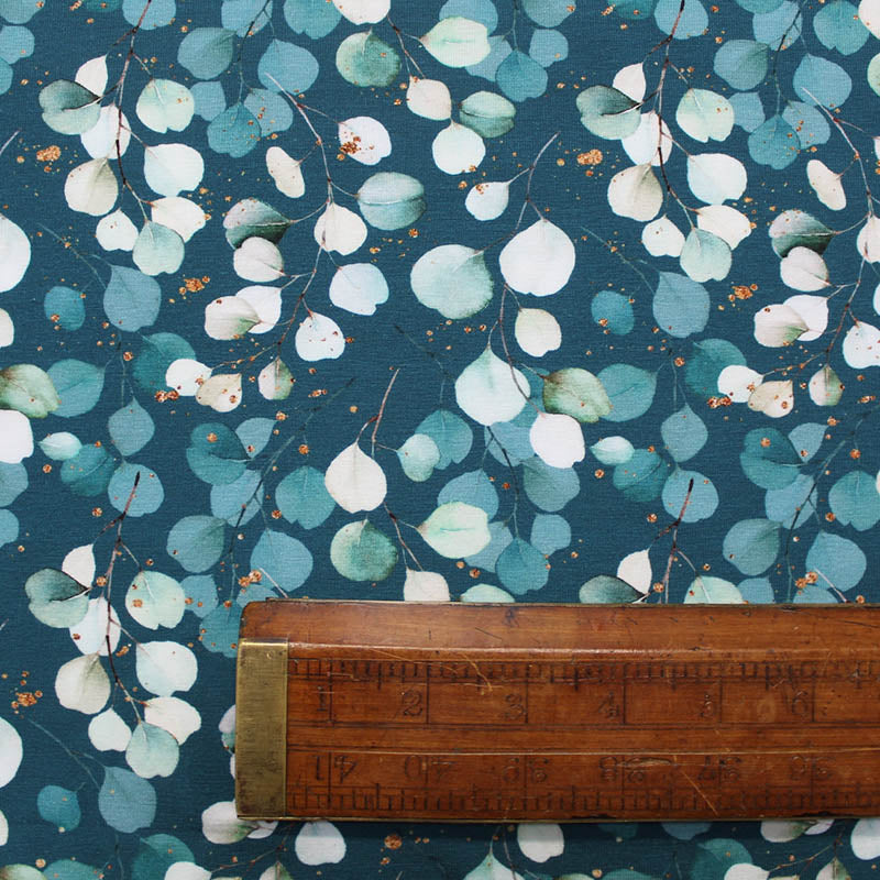 95% Cotton 5% Elastane Petrol Green Jersey Fabric - Digital Eucalyptus Print