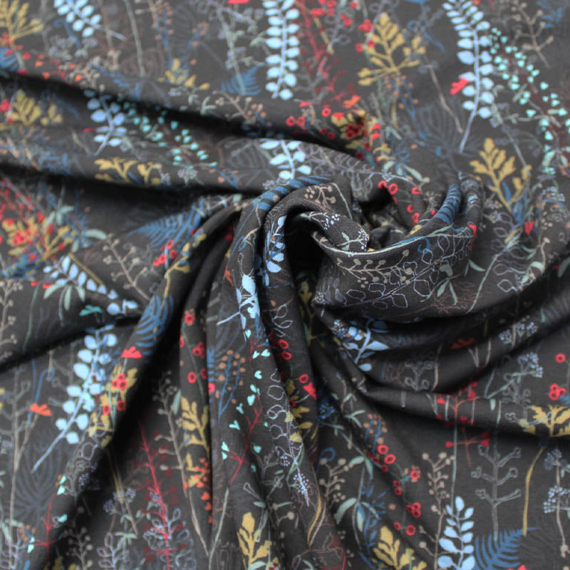 Charcoal grey and blue floral cotton jersey fabric