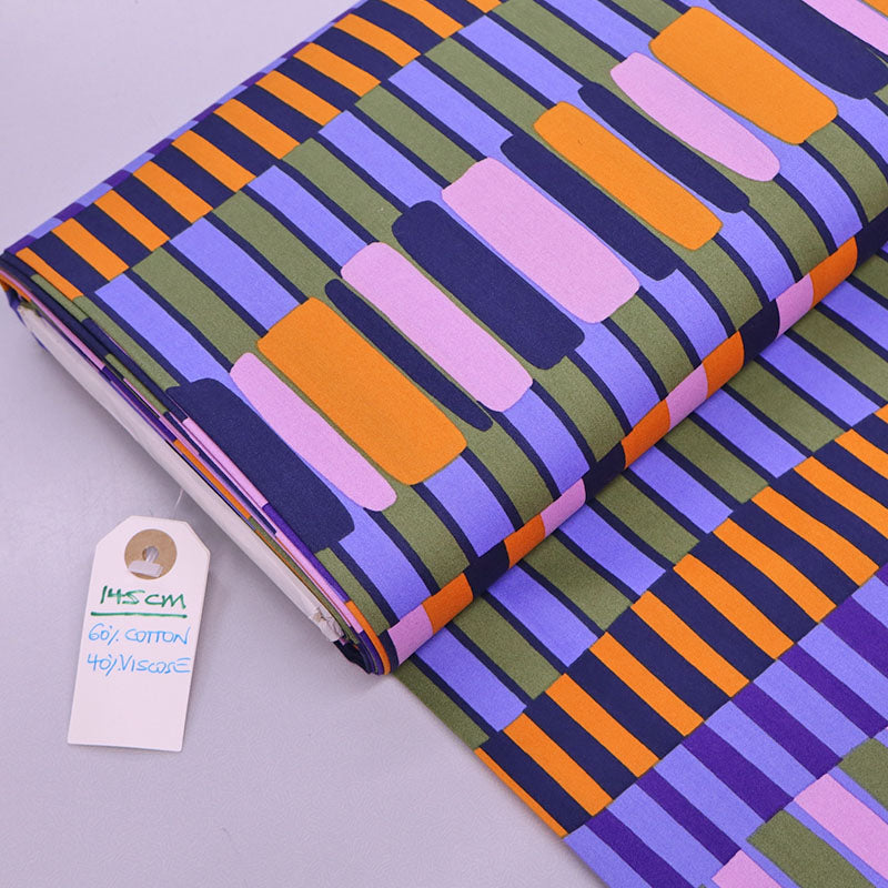 60% Cotton 40% Viscose Cotton and Viscose Fabric with blocks of stripes in lilac, orange and blue