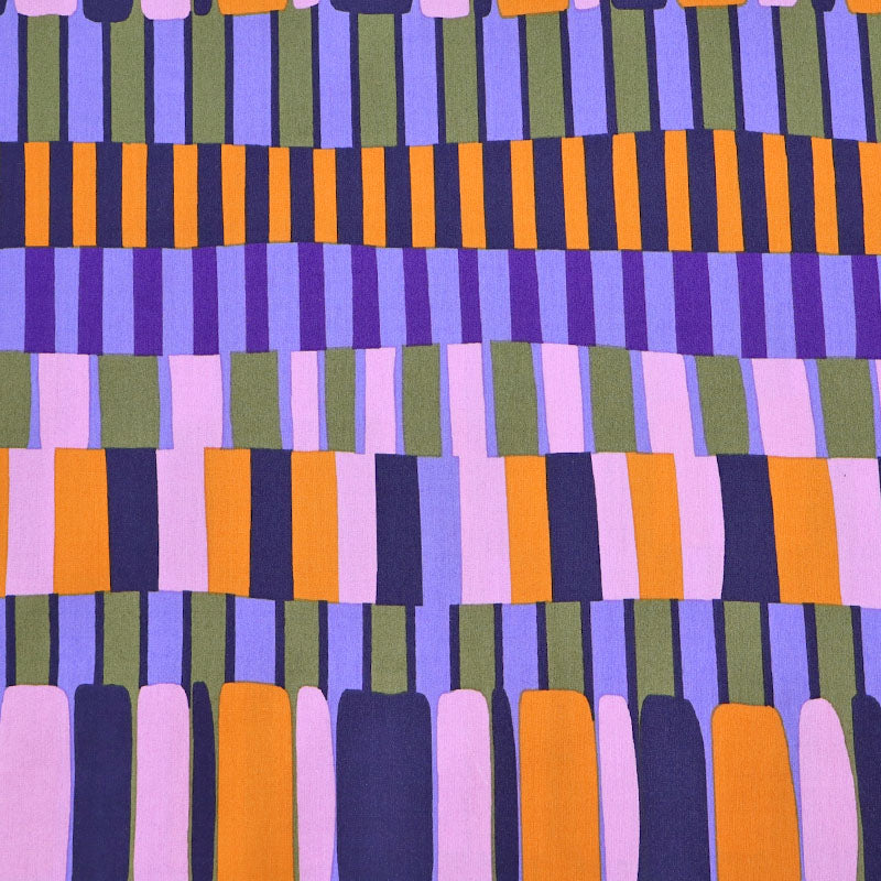 60% Cotton 40% Viscose Cotton and Viscose Fabric with blocks of stripes in lilac, orange and blue