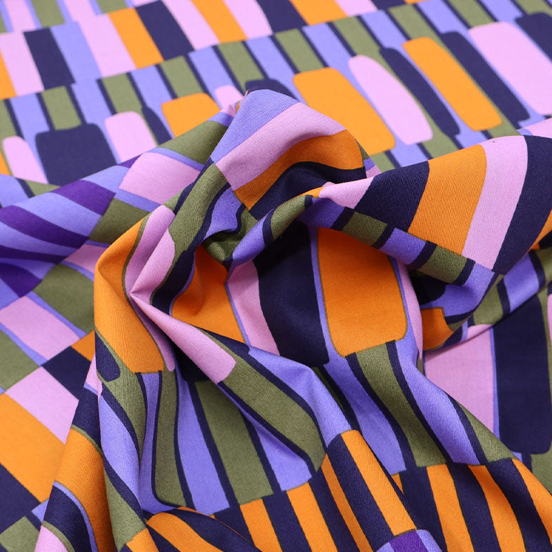 60% Cotton 40% Viscose Cotton and Viscose Fabric with blocks of stripes in lilac, orange and blue