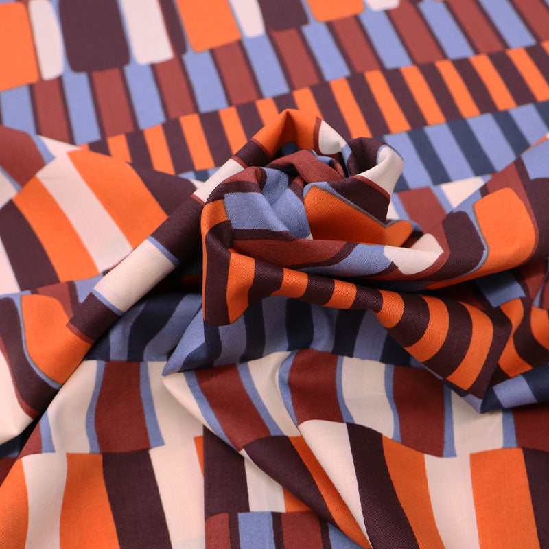 60% Cotton 40% Viscose Cotton and Viscose Dressmaking Fabric - Orange and Brown Blocks of Stripes