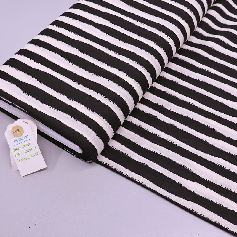 55% Cotton 45% Viscose Wobbly Striped Cotton and Viscose Fabric - Black and Cream